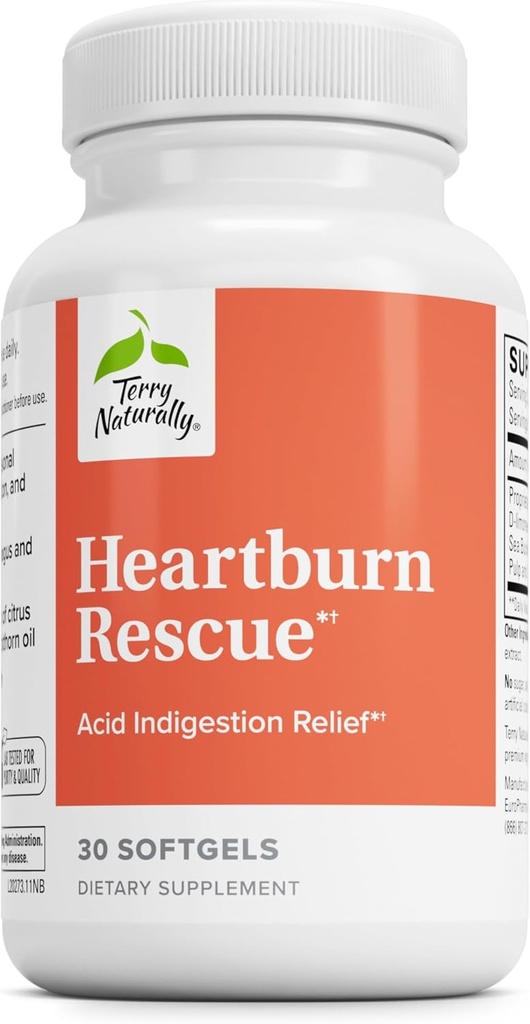 Terry Naturally Heartburn Rescue - Dietary Supplement to Aid Acid Indigestion Relief - Digestive Health Support with D-Limonene & Sea Buckthorn - Aids Occasional Heartburn Relief - 30 Softgels
