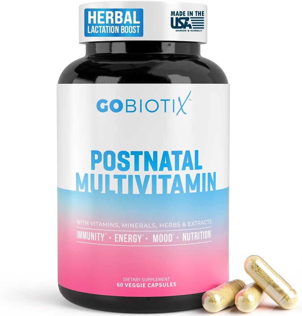 GOBIOTIX Postpartum Vitamins for Breastfeeding Moms - Postnatal Lactation Supplement with Organic Herbs, Minerals, Nutrients for New Mothers and Baby - Postpartum Essentials, Non GMO, Vegan, 60 Caps