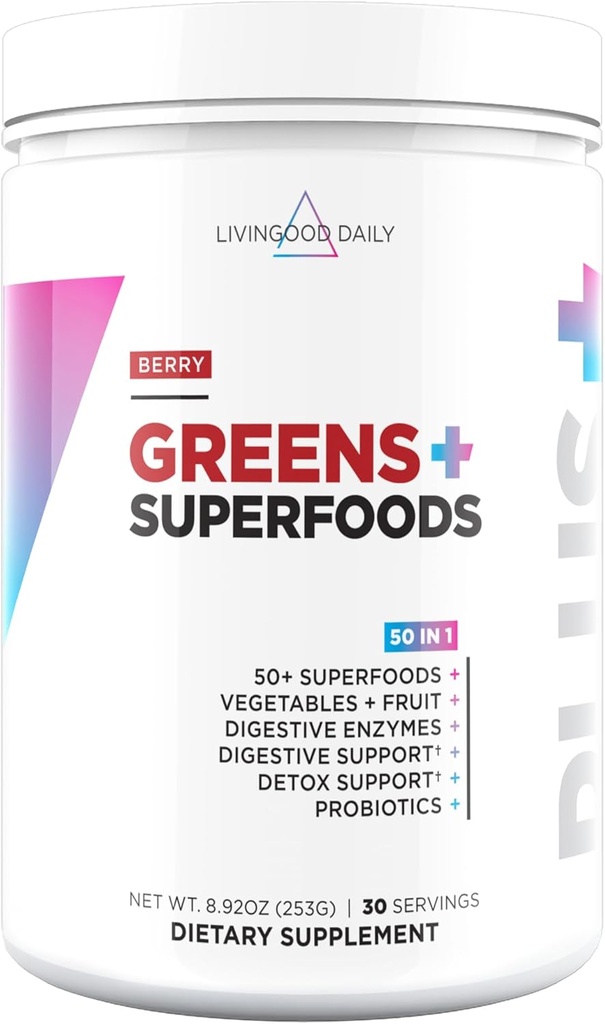 Livingood Daily Greens & Superfood Powder, Super Greens for Gut Health, Green Juice Powder with Spirulina, Chlorella, and Digestive Enzymes, Probiotics for Digestive Support, Berry, 30 Servings