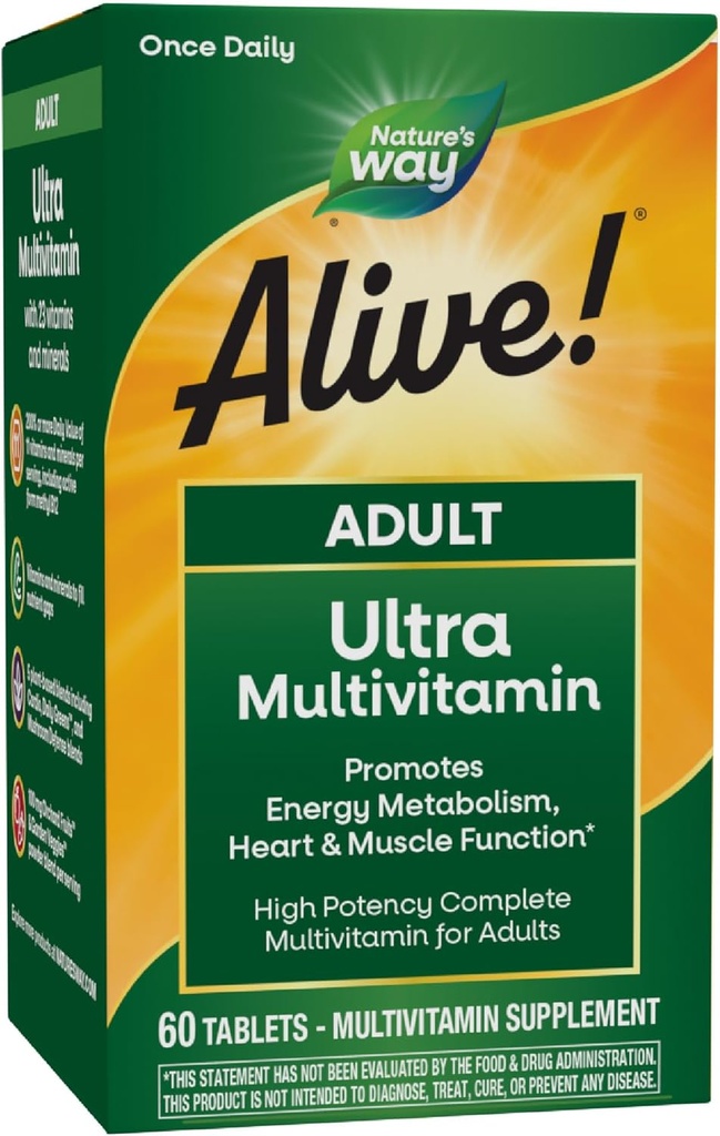 Nature's Way Alive! Adult Ultra Multivitamins, Promotes Energy Metabolism, Heart & Muscle Function*, with B-Vitamins Including Methylated B12, Gluten Free, 60 Tablets