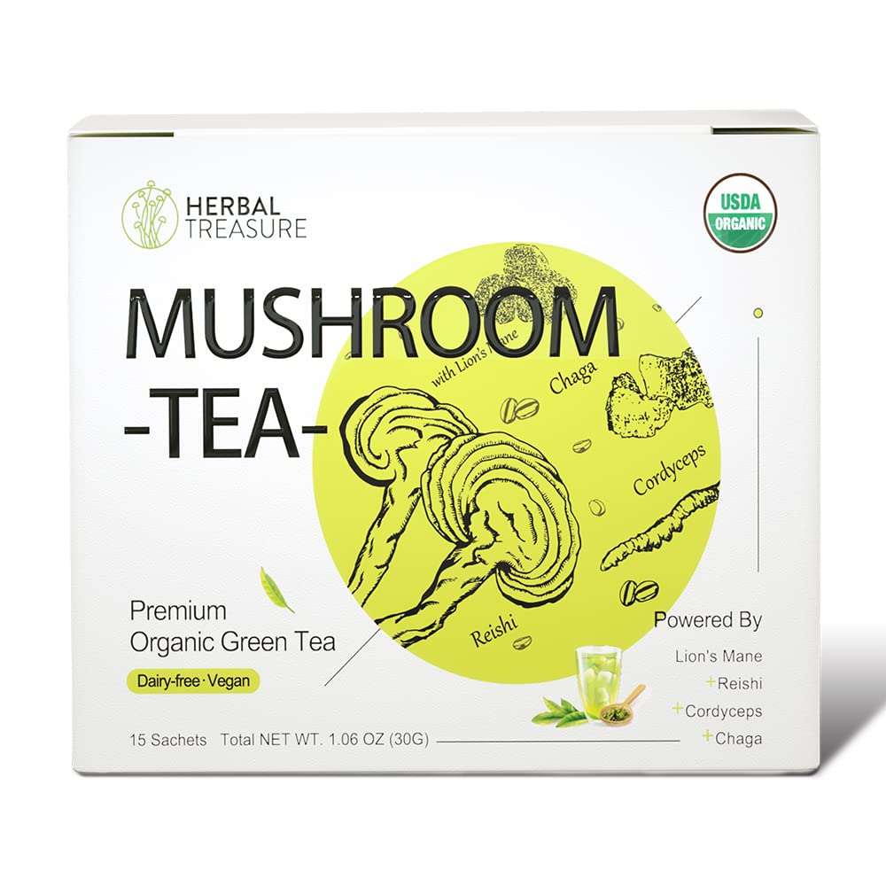 WL Herbal Treasure Mushroom Green Tea with Lions mane Reishi Cordyceps Chaga 15 Count