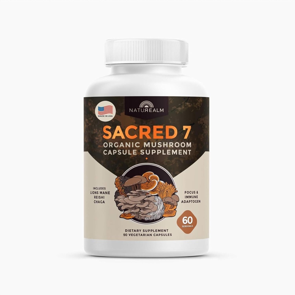 Naturealm Sacred 7 Organic Mushroom Extract Capsules - Premium 7 Mushroom Supplement with Lions Mane, Reishi, Chaga - USDA Organic Immune Support & Focus - 90 Vegetarian Capsules
