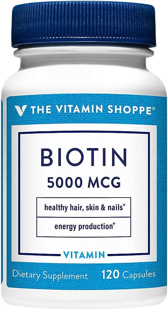 The Vitamin Shoppe Biotin 5,000MCG, Nutrient Metabolism Support for Healthy Vibrant Hair, Healthy Skin & Strong Nails, Energy Production (120 Capsules)