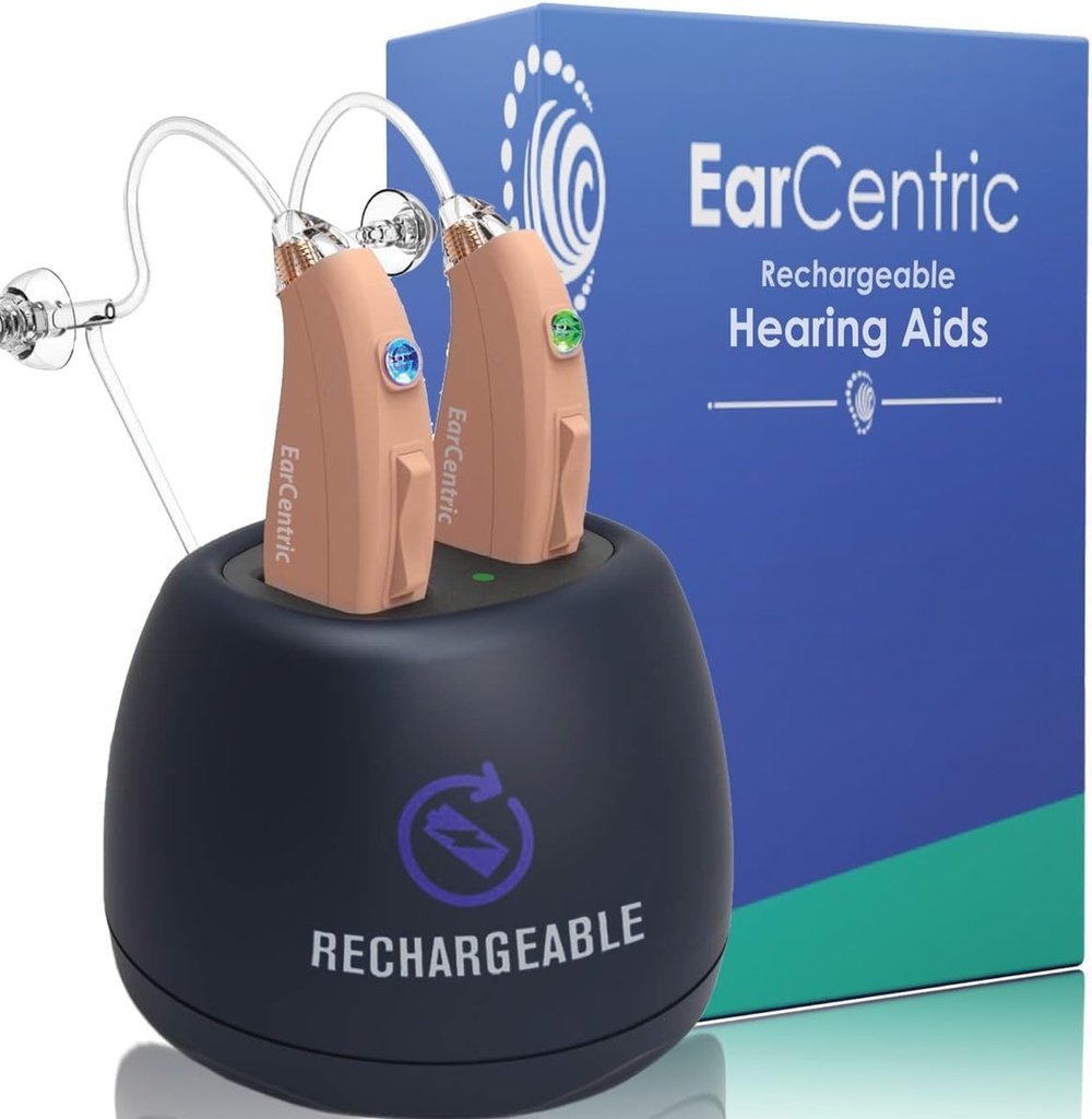 EarCentric EasyCharge Rechargeable Hearing Aids (Pair) for Seniors, Behind-The-Ear BTE Ear Aid PSAP digital Personal sound amplification products devices with Noise Cancellation (Beige)