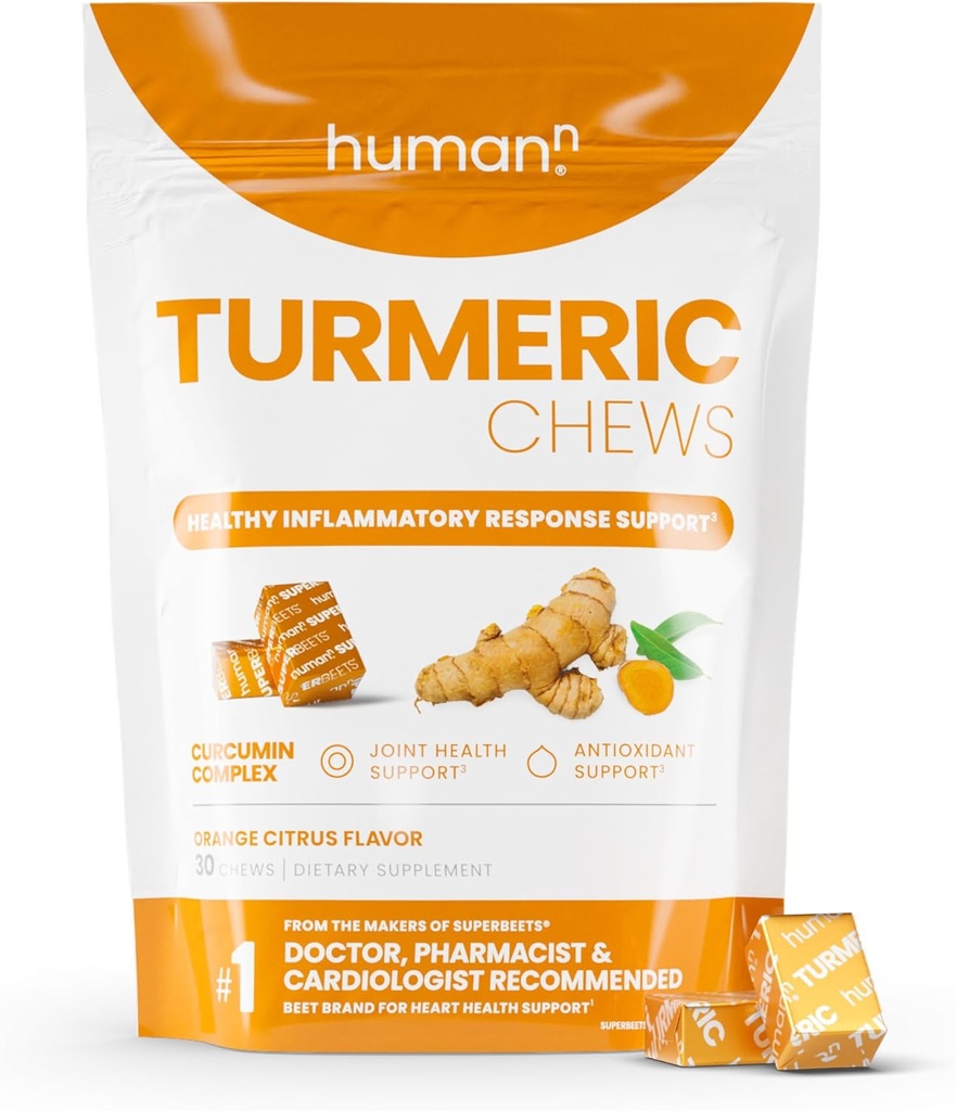 HumanN Turmeric Chews Supplement – Clinically Studied High Absorption Curcumin Complex - Orange Citrus Flavor – from SuperBeets Makers – Joint Health – 30 Count