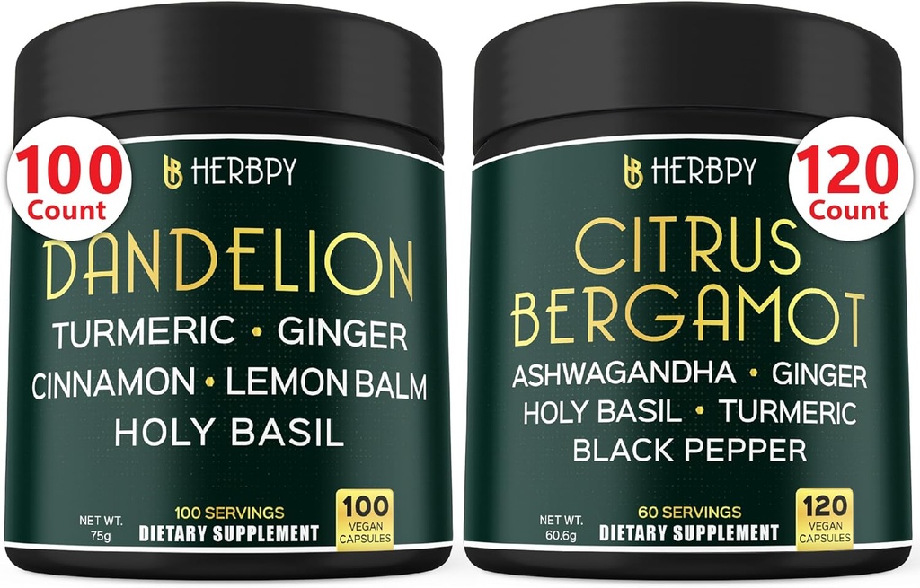 Bundle 6in1 Dandelion Supplement & 6in1 Citrus Bergamot Supplement - Support Relaxation, Heart, Digestion Health and Immune