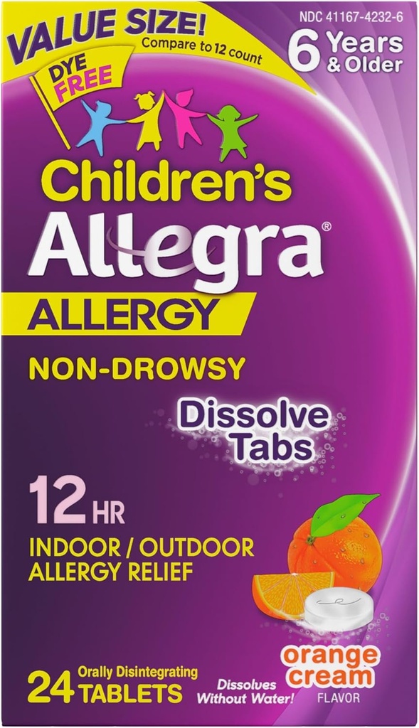 Allegra Children's 12-Hour Allergy Relief Orally Dissolving Tablets, Non-Drowsy Indoor and Outdoor Allergy Medicine, 30 mg Fexofenadine HCI Antihistamine for Kids, Orange Cream Flavor, 24-Count