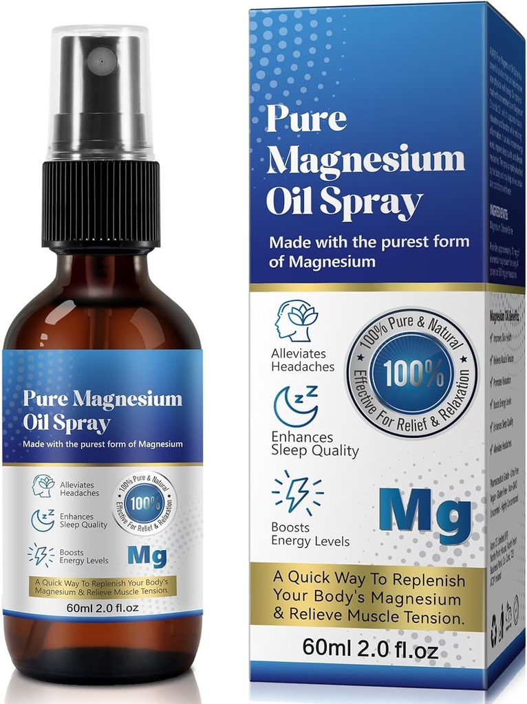 Pure Topical Magnesium Oil Spray, Magnesium Spray for Feet, 100%, Quick Absorption - Natural Source with Powerful Blend of Essential Oils, Replenish Body- 2.02 fl oz