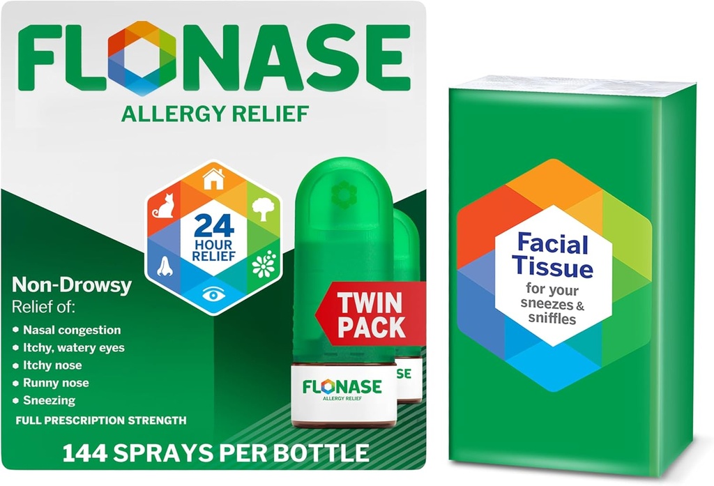 Flonase Allergy Relief Nasal Spray, 24-Hour Non-Drowsy Multi-Symptom Relief – 144 Sprays (Pack of 2) plus Bonus Pack of Tissues
