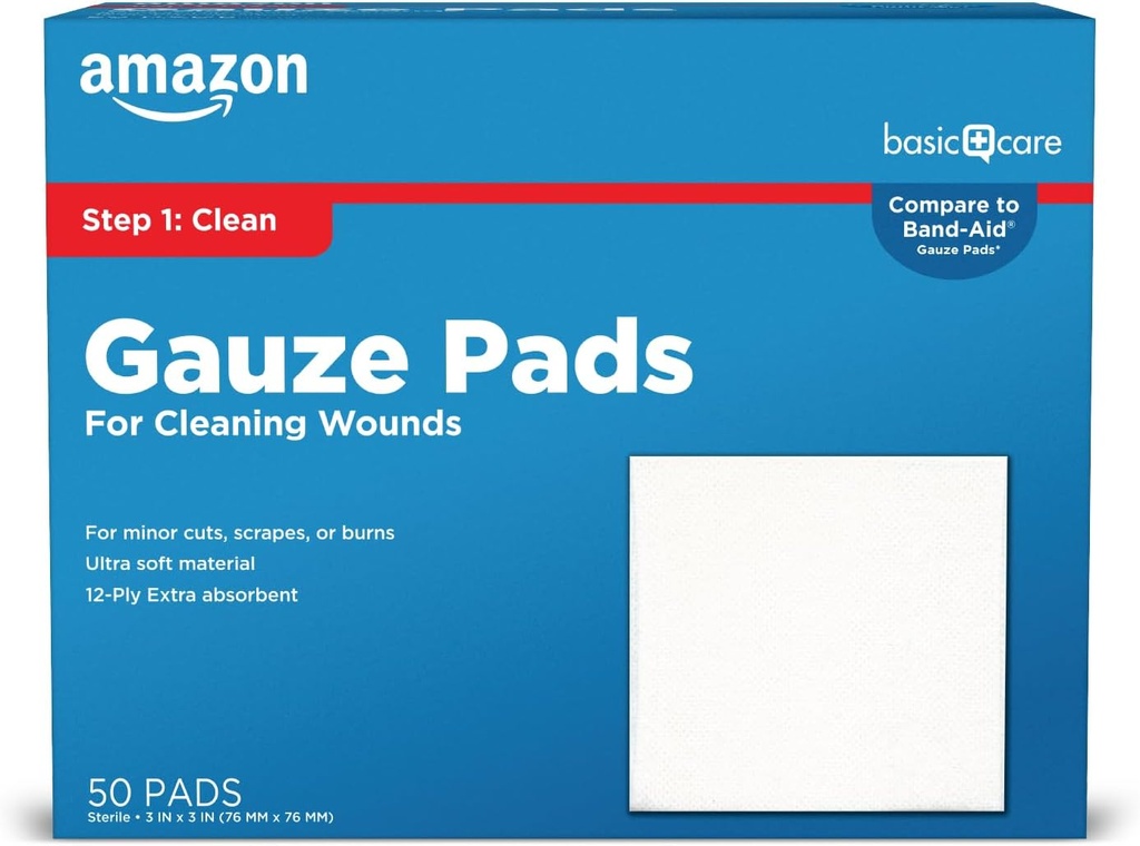   Basic Care Gauze Pads, 3x3 inches Sterile Medical Wound Dressing Sponges for Cleaning, Covering, & Cushioning Cuts & Minor Injuries, 50 Count (Pack of 1), (Previously All Health)
