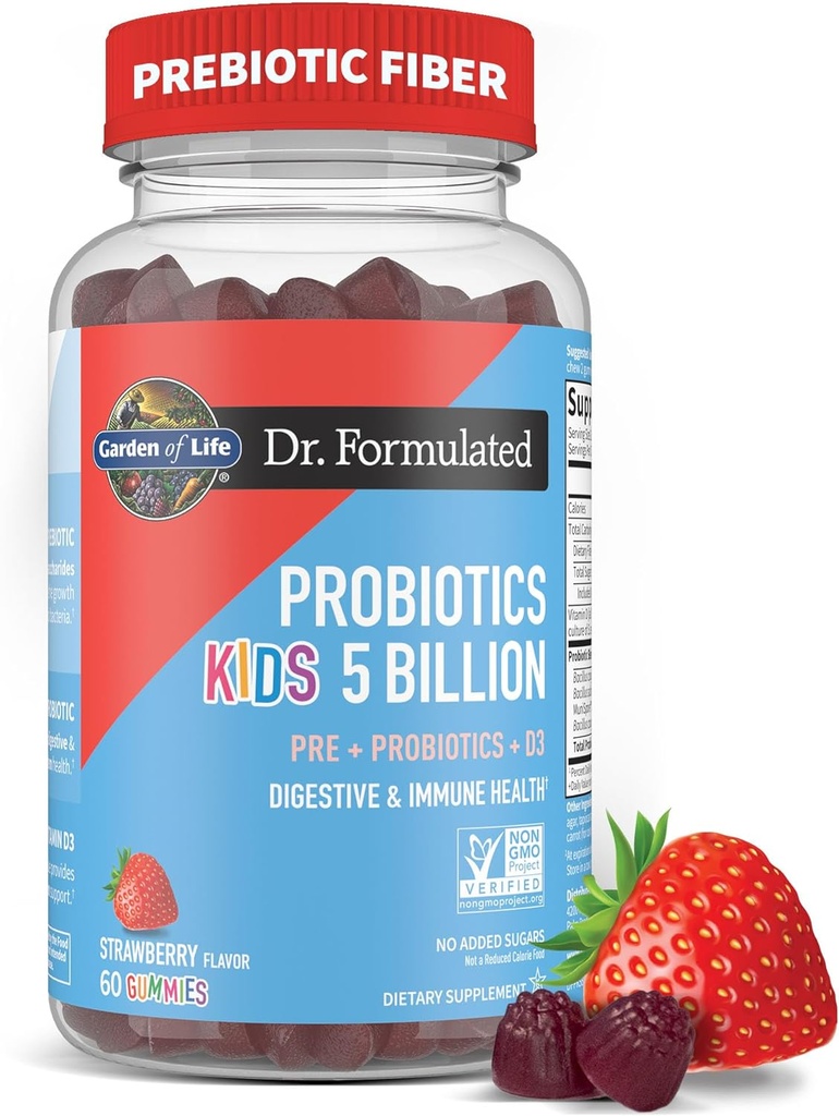 Garden of Life Dr Formulated 5 Billion CFU Prebiotic Fiber, Probiotic and Vitamin D3 Gummies for Kids Digestive & Immune Health – Gluten Free, Non GMO, No Added Sugars, Strawberry Flavor, 60 Gummies
