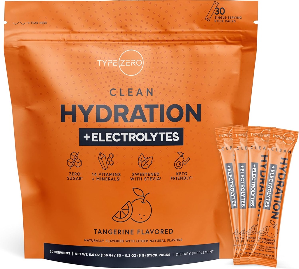 Type Zero Clean Hydration + Electrolytes Drink Mix (30 Single-Serving Packets) - Advanced Hydration for Any Occasion (Tangerine)