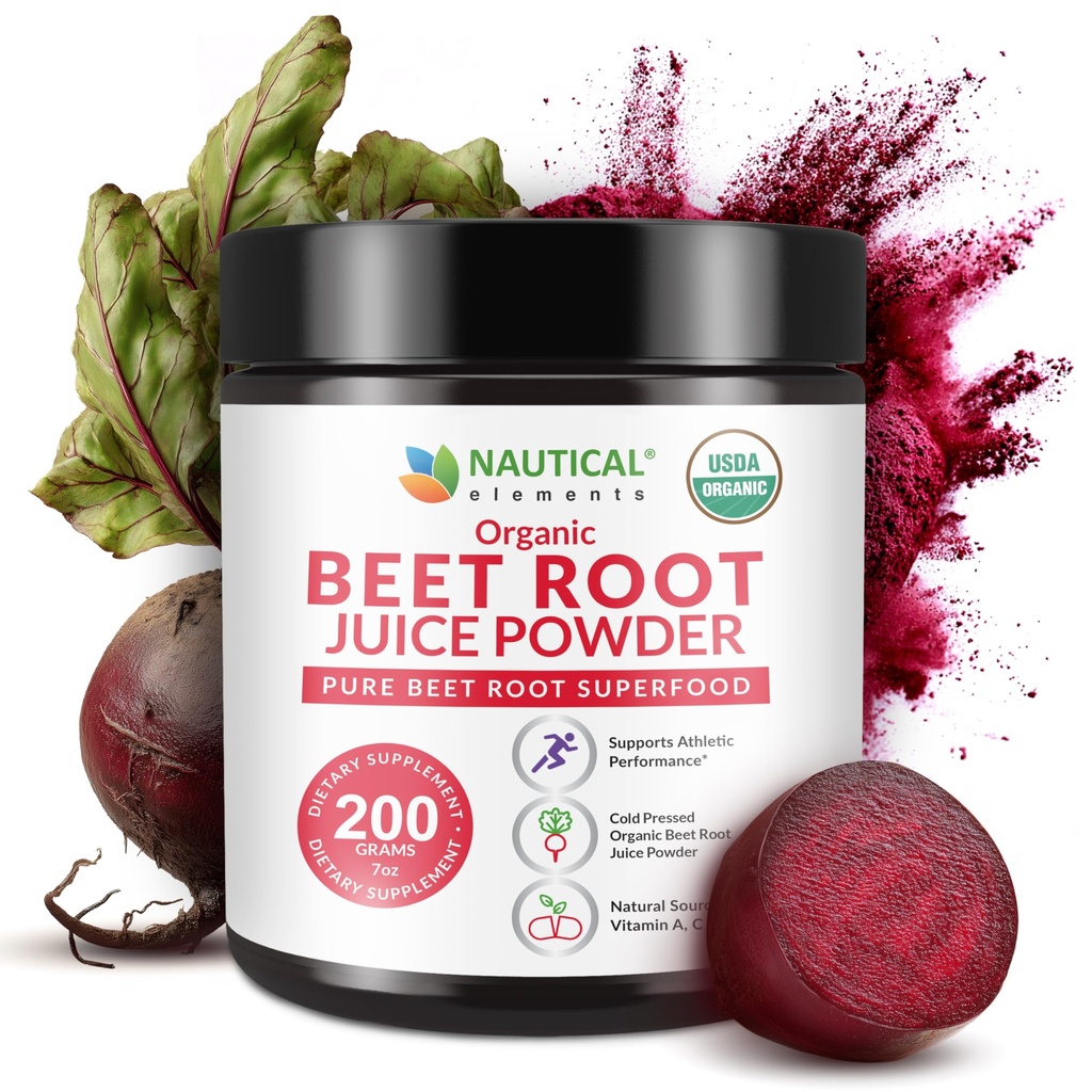 Nautical Elements Beet Juice Powder Organic - Cold Pressed - 20:1 Concentrate - Concentrated Beet Root Powder - Nitric Oxide - Circulation Support - 57 Servings of Beet Root Supplement - 7oz
