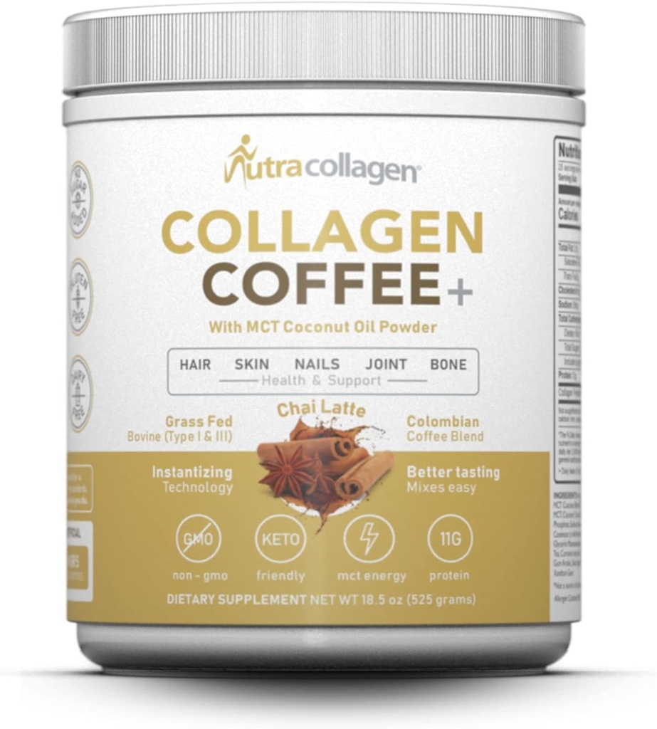 NUTRACOLLAGEN Protein Powder Combined with Premium Columbian Coffee; Grass-Fed, Non GMO, 12g Peptides, MCT Coconut Oil Powder, Soy Free, Gluten Free, Sugar Free, 40mg Caff/Srving; Chai Latte 25 Srvg
