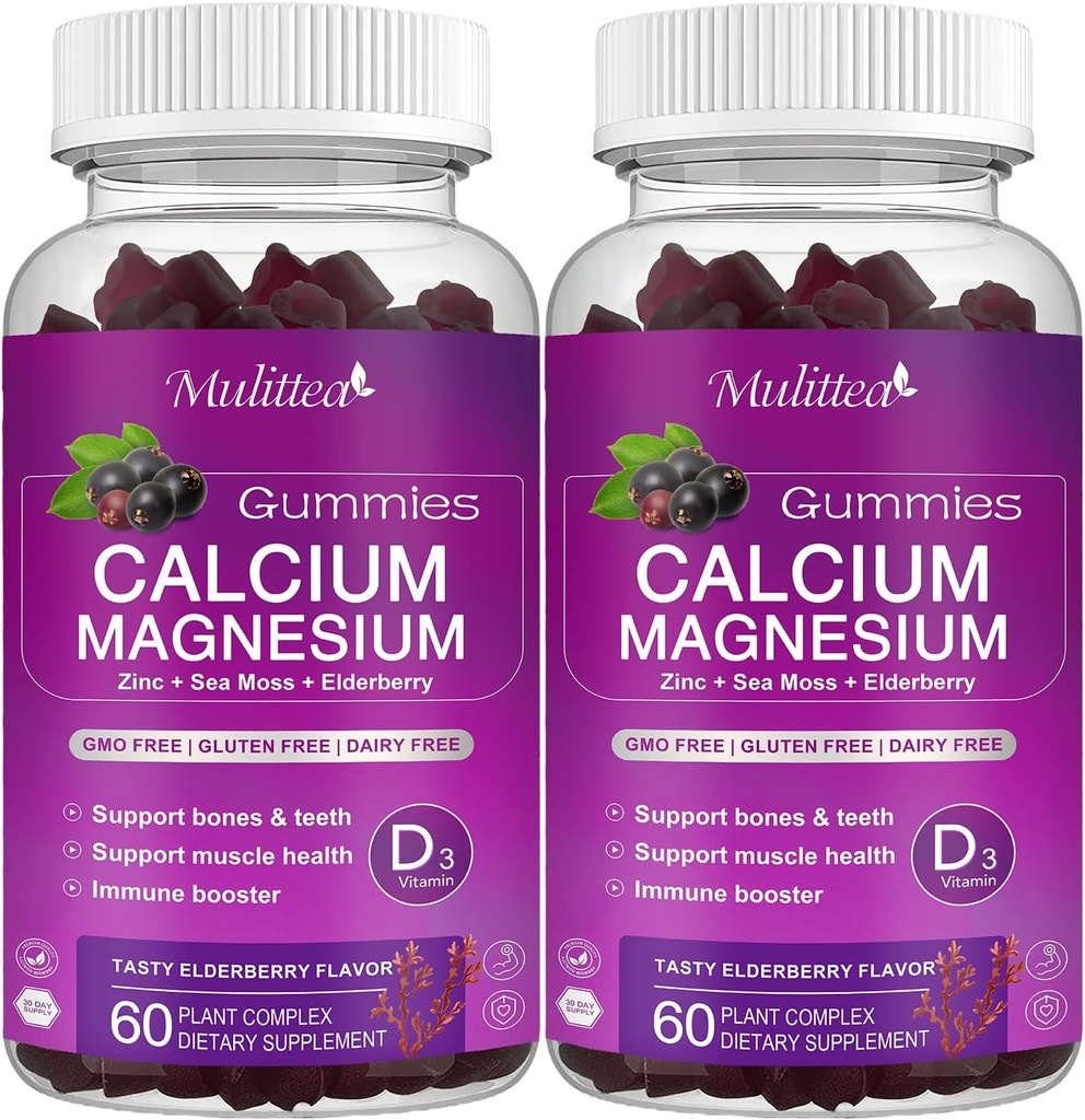 Calcium Magnesium Zinc Gummies with High Absorption Magnesium Glycinate 200mg, Potassium -Plant Calcium Supplement w/ D3 & Sea Moss for Bone, Muscles, Calm Mood & Sleep Support- Kids & adults (2 Pack)