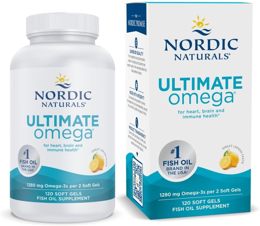 Nordic Naturals Ultimate Omega, Lemon Flavor - 120 Soft Gels - 1280 mg Omega-3 - High-Potency Fish Oil Supplement with EPA & DHA - Promotes Brain & Heart Health - Non-GMO - 60 Servings
