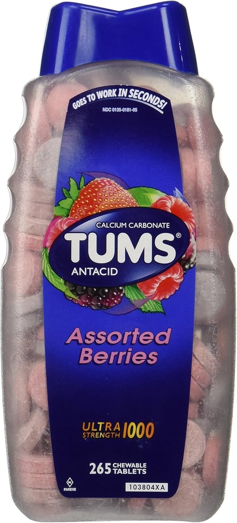 Tums Ultra Assorted Berries 265 Tablets - Maximum Strength Antacid & Calcium Supplement