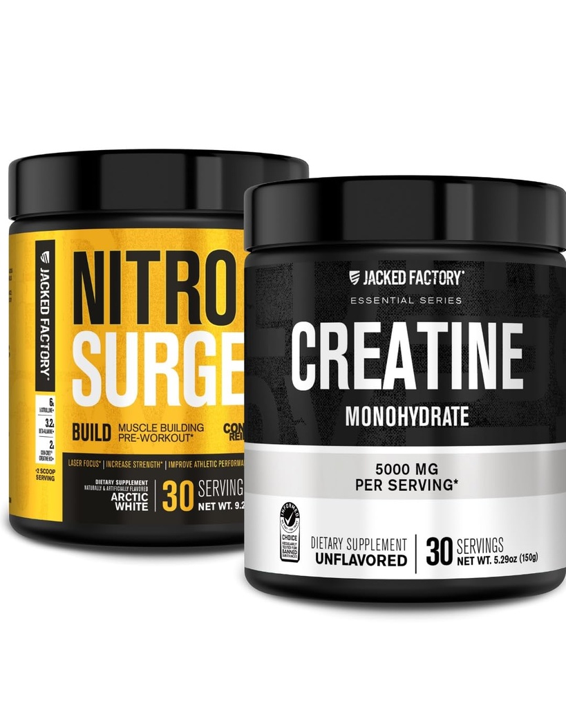 Jacked Factory Nitrosurge Build Pre Workout with Creatine for Muscle Building (30 Servings, Arctic White) & Creatine Monohydrate Powder for Muscle Growth & Increased Strength (30 Servings, Unflavored)