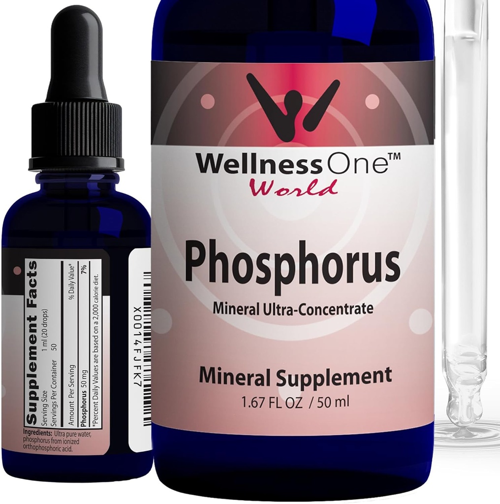 WellnessOne Ionic Phosphorus Supplements - Phosphorus Liquid from Ortho Phosphoric Acid for Teeth, Bone Health, & Energy Support - Non-GMO, Vegan, Gluten Free - 1.67 fl oz