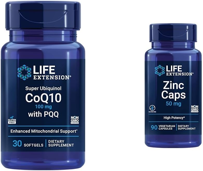 Life Extension Super Ubiquinol CoQ10 with PQQ, CoQ10, PQQ, shilajit, Heart Health & Zinc Caps, zinc 50 mg, zinc Citrate, Support The Body's Immune defenses