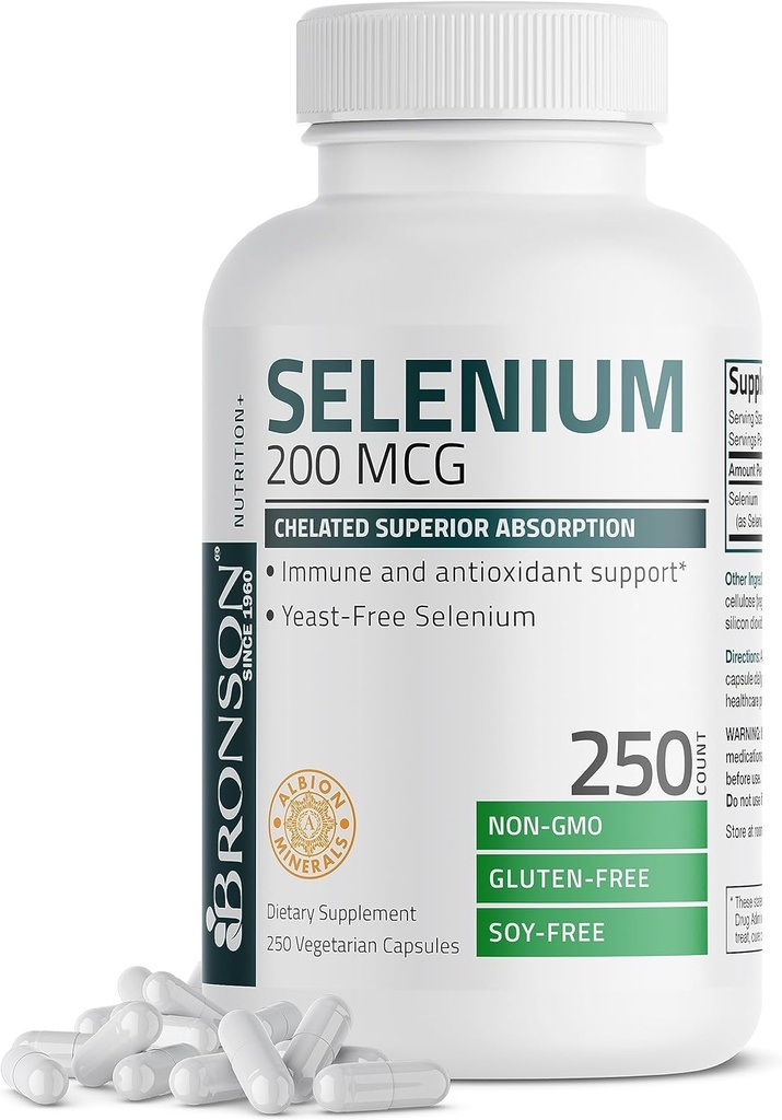 Bronson Selenium 200 mcg – Yeast Free Chelated Amino Acid Complex - Essential Trace Mineral with Superior Absorption, 250 Vegetarian Capsules