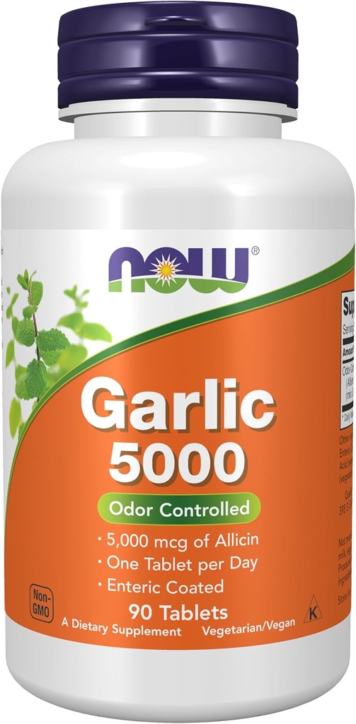 NOW Foods Supplements, Garlic 5,000 (Allium sativum), Enteric Coated, Odor Controlled, 90 Tablets