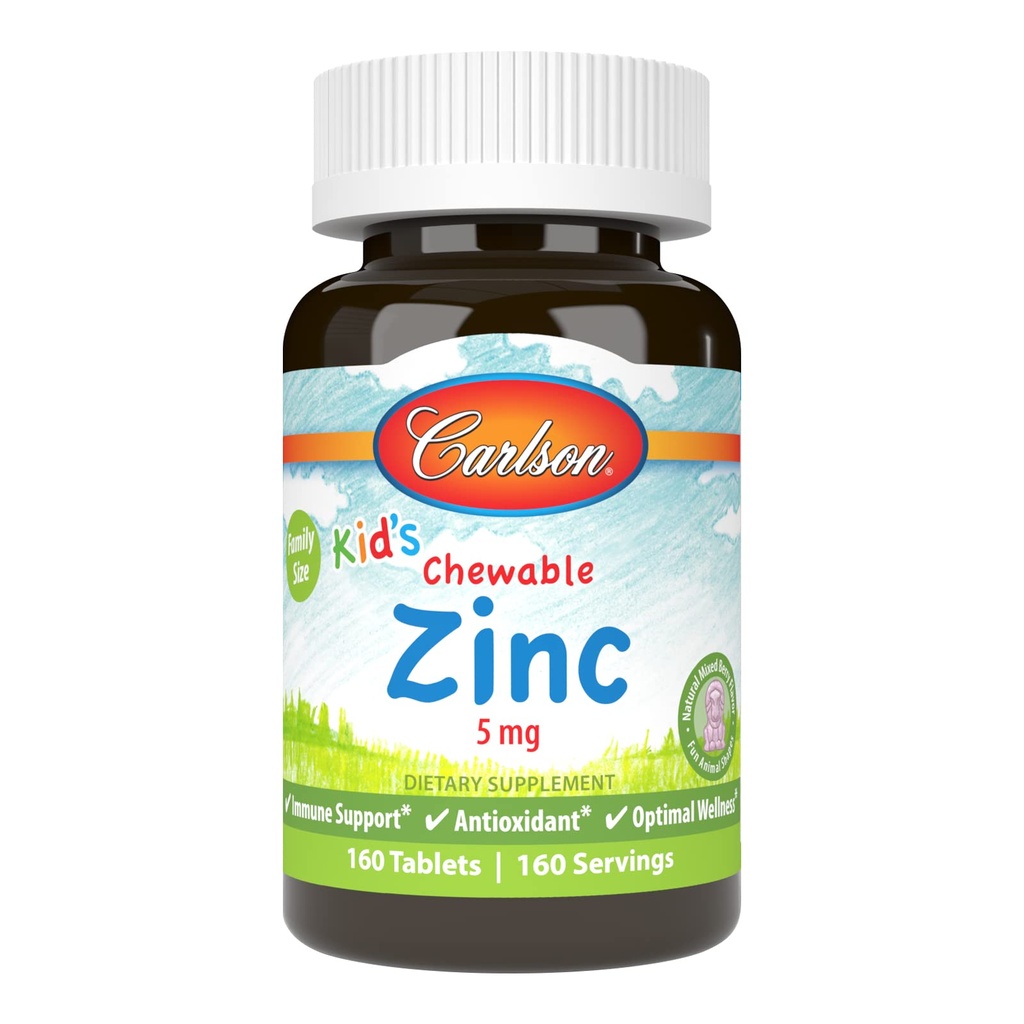 Carlson - Kid's Chewable Zinc, 5 mg, Health Support, Natural Mixed Berry Flavor, 160 Tablets