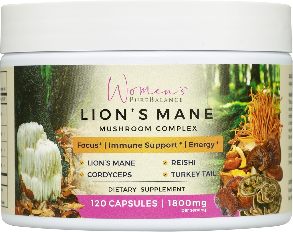 Women's PureBalance Lion's Mane Mushroom Supplement Capsules with Reishi, Cordyceps, Turkey Tail – Brain Nootropic for Memory, Focus, Natural Energy, & Immune Support, Non-GMO (120 Capsules)