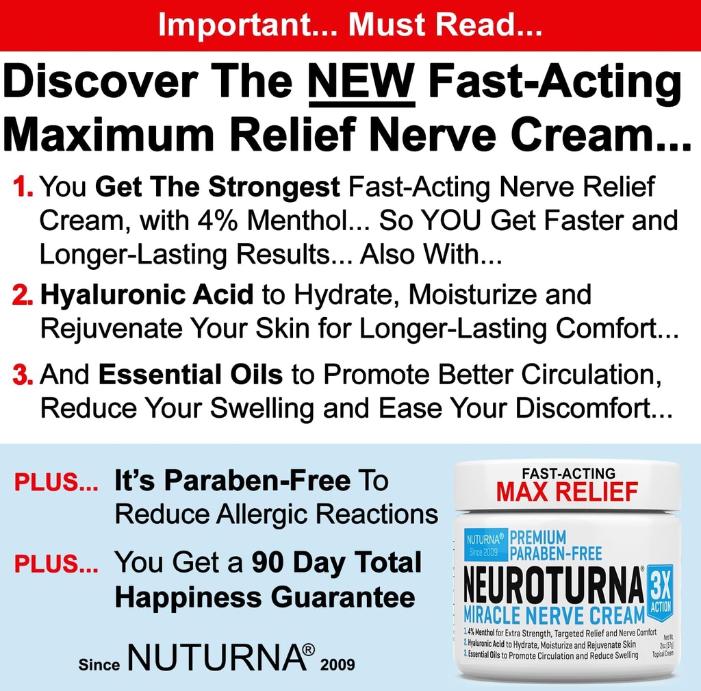 Nerve Relief Cream for Neuropathy - Premium Nerve Cream 3X Action for Targeted Relief and Nerve Comfort - Maximum Strength with 4% Menthol, Arnica, MSM for Feet Hands Legs Toes & Back - 2 Oz
