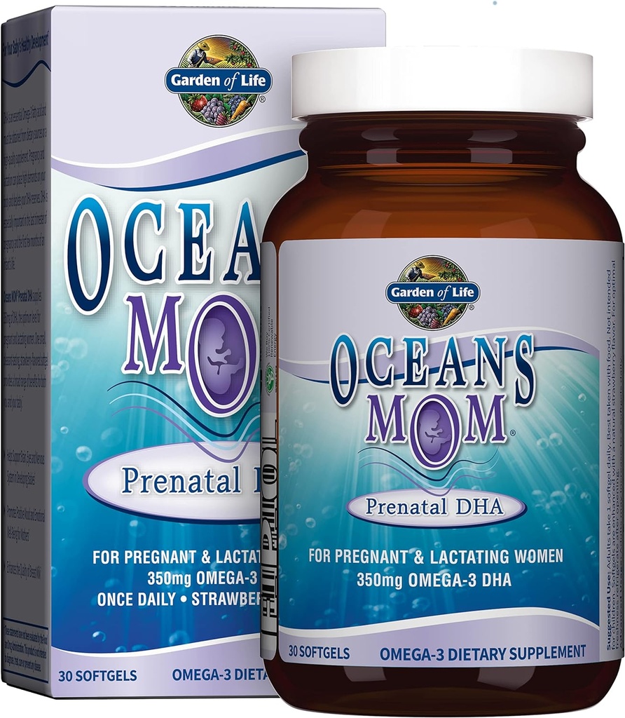 Garden of Life Oceans Mom Prenatal Fish Oil DHA, Omega 3 Supplement - Strawberry, 350mg Prenatal DHA Pregnancy Fish Oil Support for Mamas, Babys Brain & Eye Development, 30 Small Softgels
