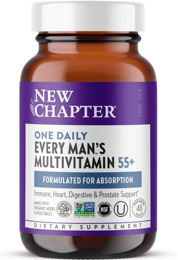 New Chapter Men's Multivitamin 50 Plus for Brain, Heart, Digestive, Prostate & Immune Support with 20+ Nutrients + Astaxanthin - Every Man's One Daily 55+, Gentle on The Stomach - 48 ct