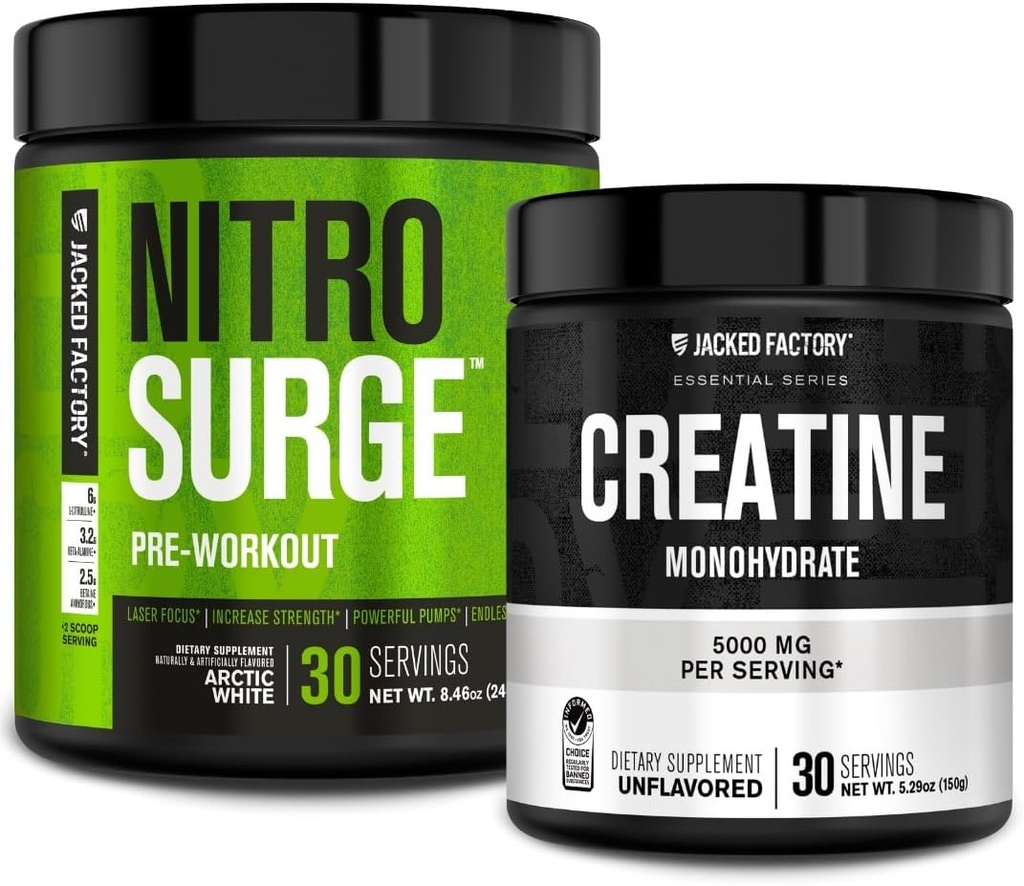Jacked Factory NITROSURGE Pre Workout Supplement (Arctic White) Creatine Monohydrate Powder 150g (Unflavored) for Muscle Growth, Increased Strength, Enhanced Energy