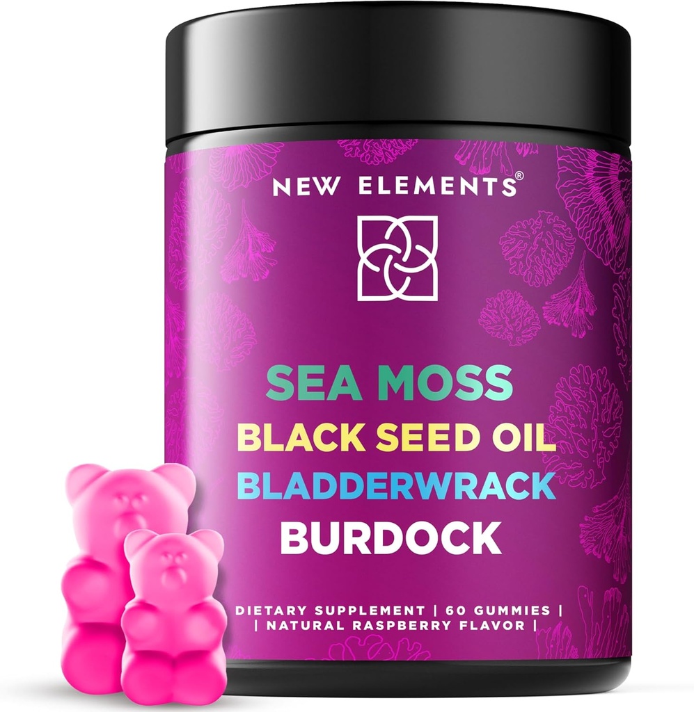 Organic Sea Moss Gummies with Black Seed Oil, Bladderwrack & Burdock Root | Irish Sea Moss Supplement 1000mg | 4 in 1 Advanced Formula 4X Stronger | Raspberry Flavor | Vegan | Non-GMO | Gluten-Free