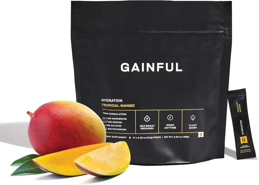 Gainful Hydration Powder Packets, Caffeine Free with Key Electrolytes Magnesium and Sodium, Energy Support, Low Sugar, Tropical Mango, 21 Sticks