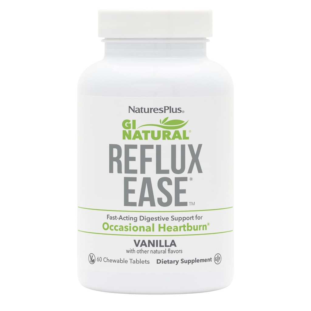 NaturesPlus GI Natural Reflux Ease, Vanilla - 60 Chewable Tablets - Fast-Acting Digestive Support - Vegetarian, Gluten Free - 60 Servings
