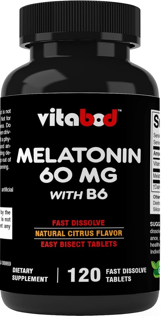 Melatonin 60 mg with Vitamin B6 – 120 Fast Dissolve Tablets Extra-Strength Sleep Support – Drug-Free – Natural Citrus Flavor – Vegetarian, Non-GMO, Gluten-Free