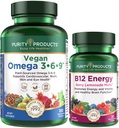 Purity Products Bundle - Vegan Omega 3-6-9 (180 ct) + B-12 Energy Melt Omega 3-6-9 (“5 in 1” Plant-Based Omega 3 6 9 Essential Fatty Acids) - B12 Berry Melt (Methylcobalamin B12 + B6 + D3 + More)