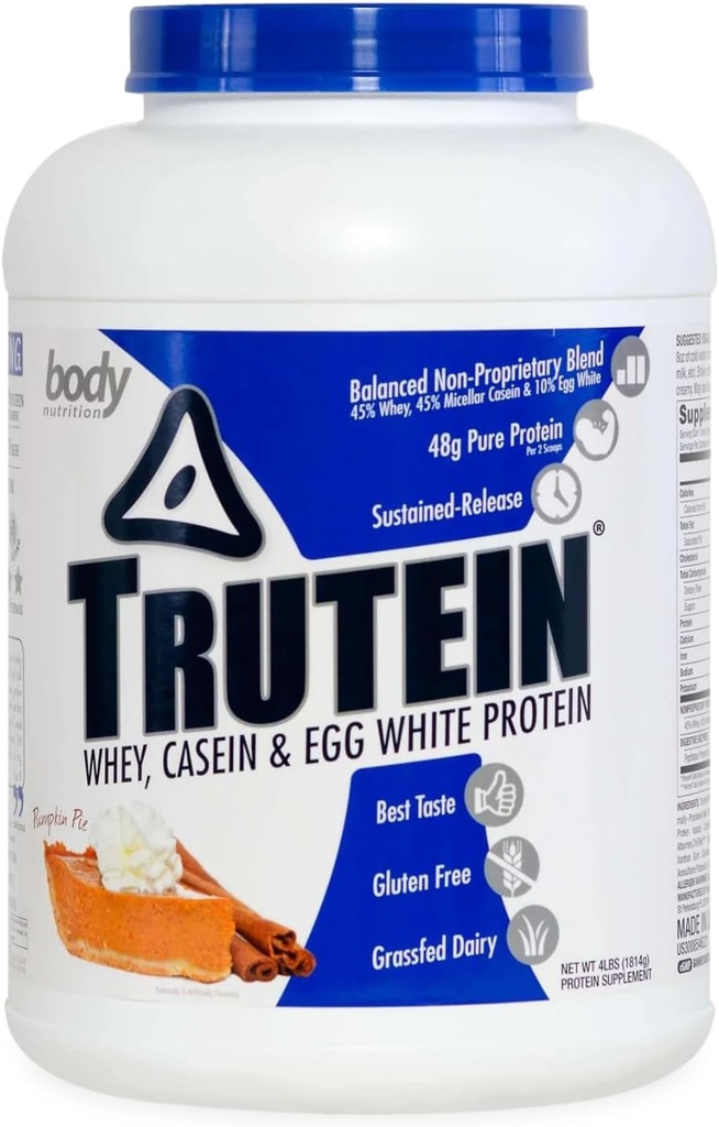 Body Nutrition Trutein High Protein Powder: 45% Whey, 45% Casein, 10% Egg White, Gluten-Free, Low Sodium, Grass Fed Whey Protein Powder, Gym Supplement & Breakfast Shake, Pumpkin Pie, 4lb