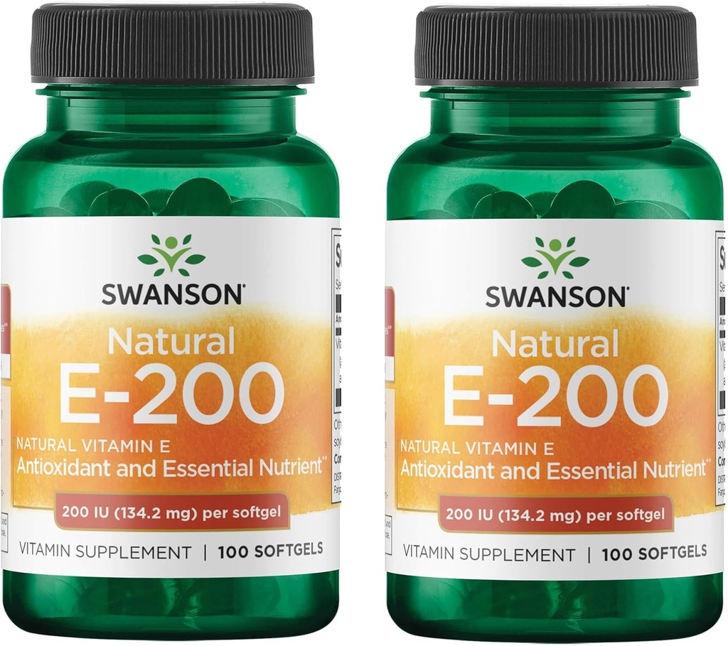 Swanson Natural Vitamin E - Natural Supplement Supporting Heart Health & Tissue Protection - Essential Nutrient Promoting Overall Health & Wellness - (100 Softgels, 200IU Each) (2 Pack)