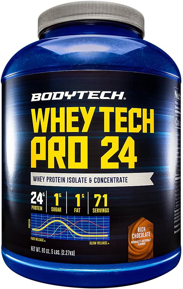 BODYTECH Whey Tech Pro24 Protein Powder - Rich Chocolate Flavor for Muscle Growth and Recovery, Providing 24g of Protein Per Serving for Optimal Fitness and Performance (5 lbs / 71 Servings)