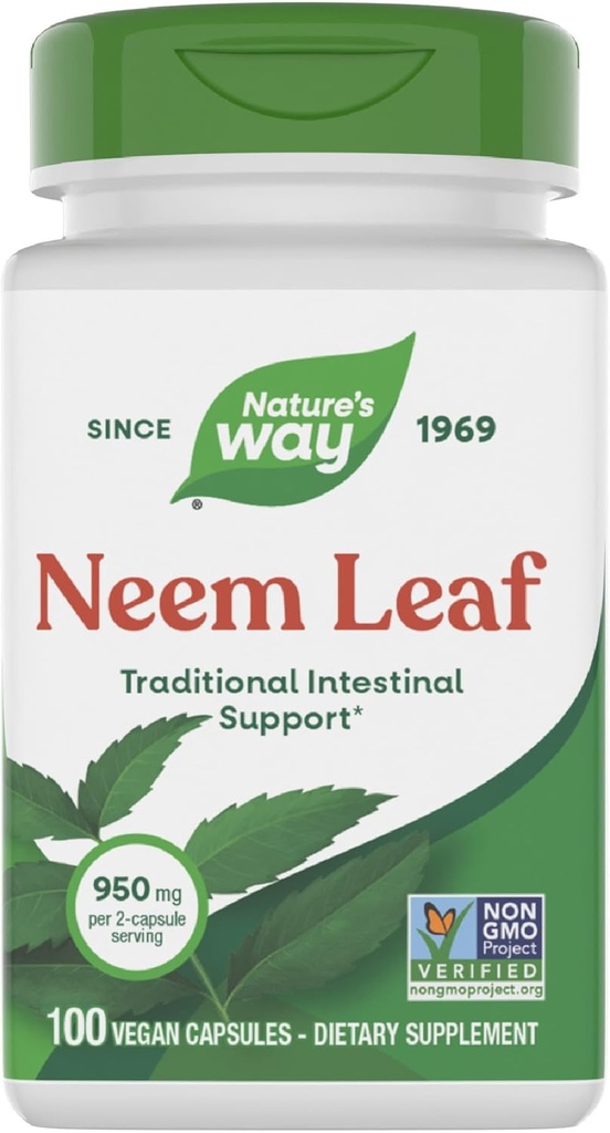 Nature's Way Neem Leaf Capsules, Traditional Intestinal Support*, Used in Ayurveda, 950 mg per 2-Capsule Serving, Non-GMO Project Verified, Vegan, 100 Count (Packaging May Vary)