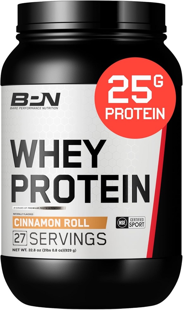 BARE PERFORMANCE NUTRITION, BPN Whey Protein + Casein Protein Powder Blend, Cinnamon Roll 25g Protein per Serving Supports Lean Muscle Recovery, 27 Servings, Third Party Tested