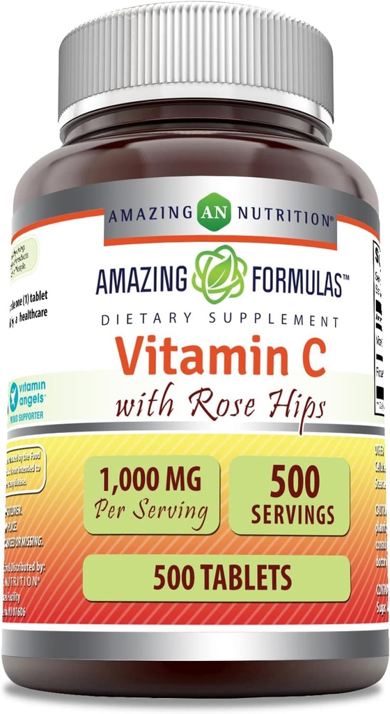 Amazing Formulas Vitamin C with Rose HIPS Supplement | 1000 Mg | Tablets | Non-GMO | Gluten Free | Made in USA (500 Count)