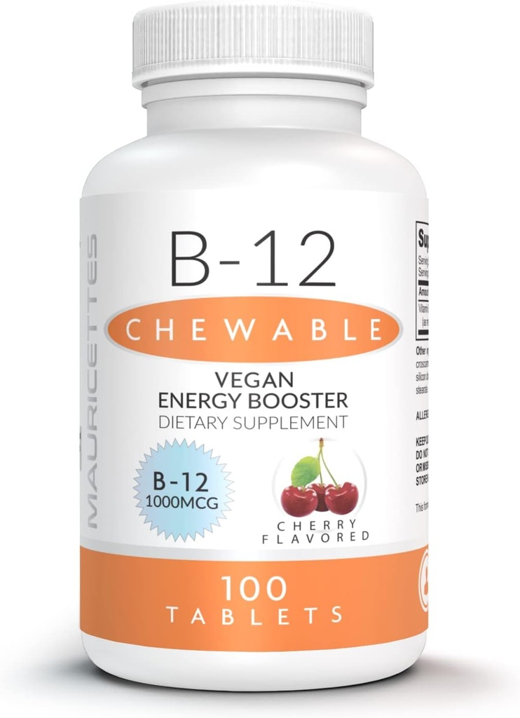 Mauricettes Natural Vitamin B-12 Methylcobalamin 1000mcg - 100 Chewable Cherry Tablets - Sublingual B 12 Supplement for Energy Support - Gelatin Free