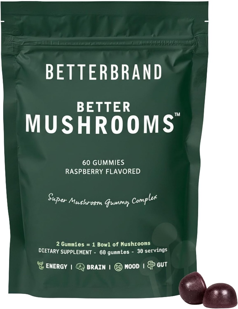 Betterbrand BetterMushrooms Nootropic Gummies - Supports Better Gut Health, Cognitive Function, Mental Clarity with 10 Functional Mushrooms - 60 Gummies - Raspberry Flavor - Pack of 1