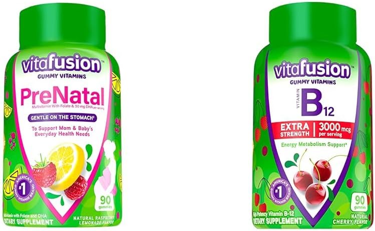 Vitafusion PreNatal Gummy Vitamins, Raspberry Lemonade Flavored, Pregnancy Vitamins for Women & Extra Strength Vitamin B12 Gummy Vitamins for Energy Metabolism Support