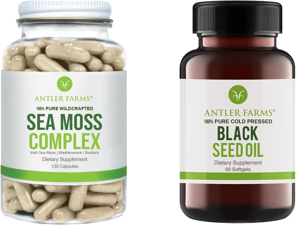 Antler Farms – 100% Pure Sea Moss Complex & Black Seed Oil Bundle, Wildcrafted Irish Sea Moss & Turkish Black Cumin Nigella Sativa Seed Oil