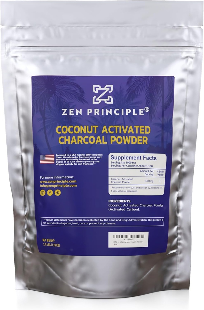 Zen Principle Coconut Activated Charcoal Powder. Whitens Teeth, Rejuvenates Skin and Hair, Supports Better Digestion. USA-Owned Producers, 2.5 lb