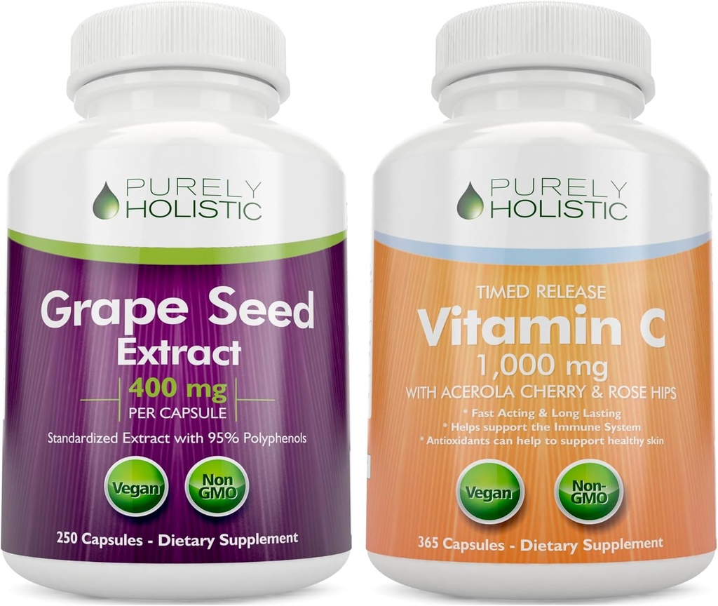 Purely Holistic Grape Seed Extract 400mg + Vitamin C 1000mg Time Release Bundle - 615 Vegan Capsules - Made in USA