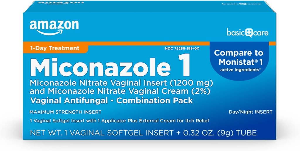   Basic Care Miconazole Nitrate Vaginal Insert 1200 mg and Miconazole Nitrate Cream 2 Combination Vaginal Yeast Infection, White, 0.32 Ounce (Pack of ), 1 Count